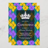 Mardi Gras Yellow Purple Argyle Crown Quinceanera Invitation (Front/Back)