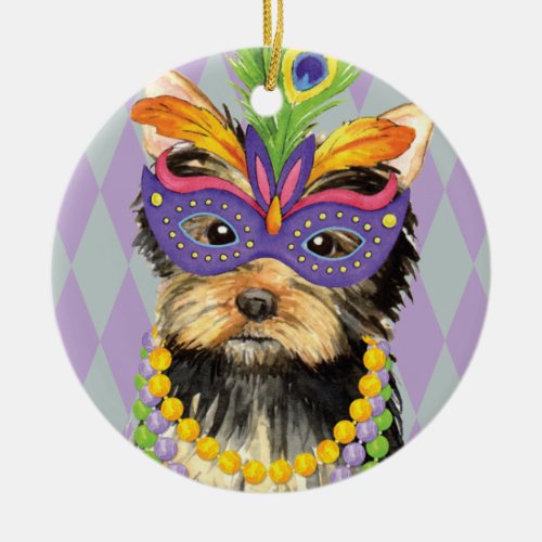 Mardi Gras Yorkie Ceramic Ornament