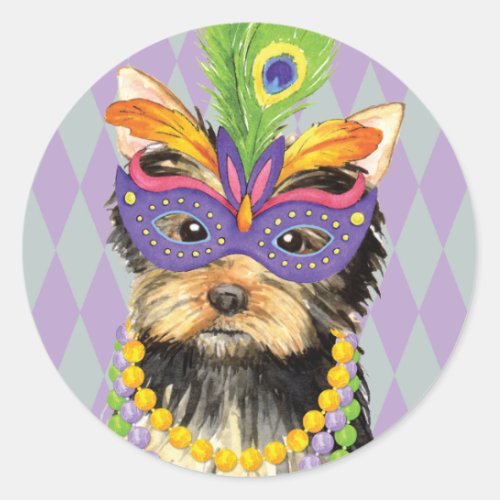 Mardi Gras Yorkie Classic Round Sticker