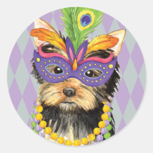 Mardi Gras Yorkie Classic Round Sticker
