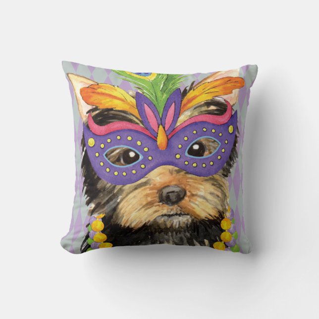 Mardi Gras Yorkie Throw Pillow (Front)