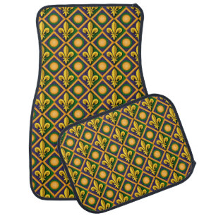 Mardi grass pattern with golden fleur-de-lis car floor mat