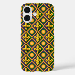 Mardi grass pattern with golden fleur-de-lis iPhone 16 case