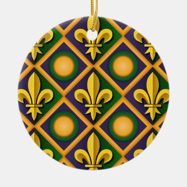 Mardi grass pattern with golden fleur-de-lis ceramic ornament (Front)