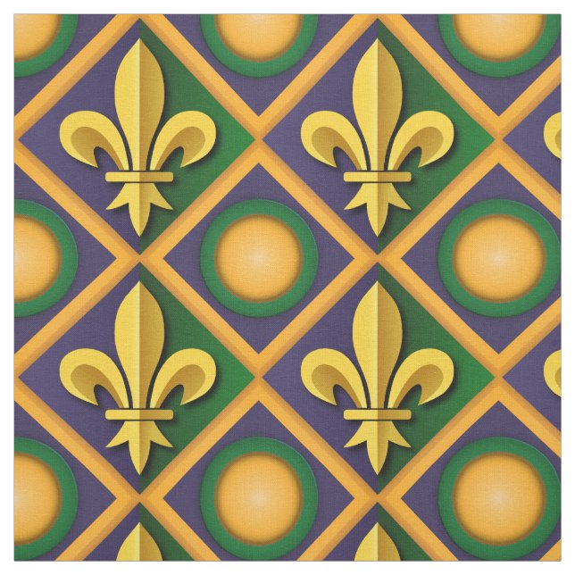 Mardi grass pattern with golden fleur-de-lis fabric (Swatch)