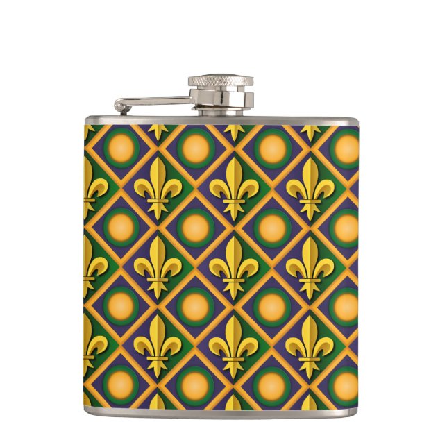 Mardi grass pattern with golden fleur-de-lis flask (Front)