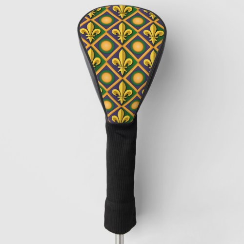 Mardi grass pattern with golden fleur_de_lis golf head cover