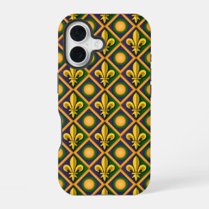 Mardi grass pattern with golden fleur-de-lis iPhone 16 case