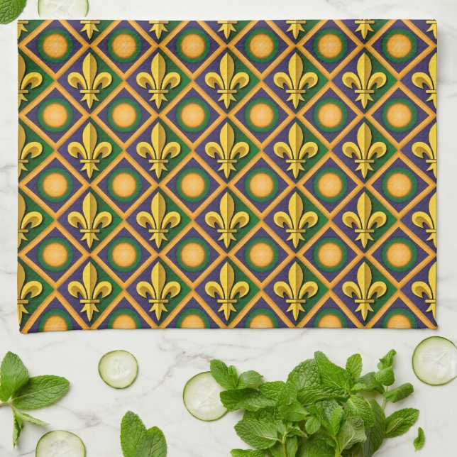 Mardi grass pattern with golden fleur-de-lis kitchen towel (Folded)