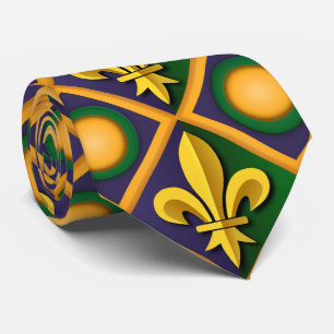 Mardi grass pattern with golden fleur-de-lis neck tie