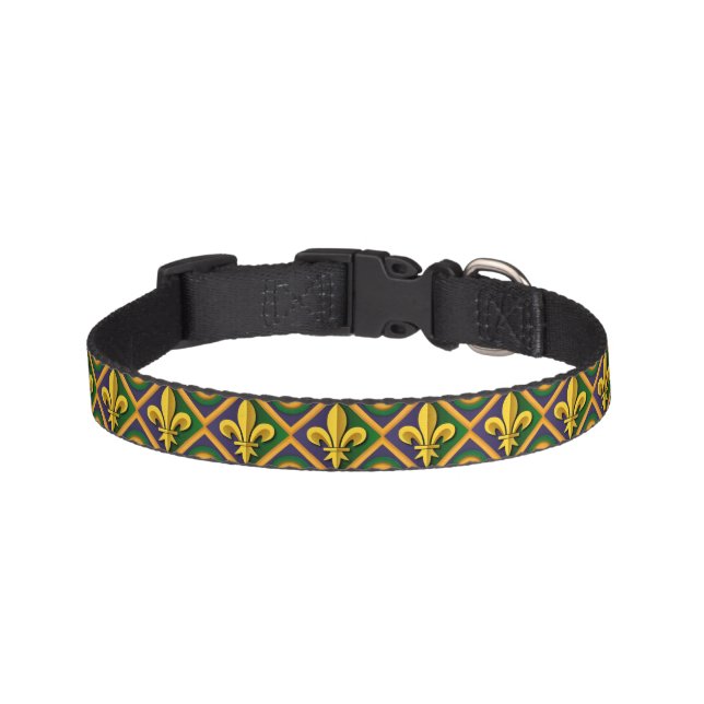 Mardi grass pattern with golden fleur-de-lis pet collar (Front)