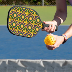 Mardi grass pattern with golden fleur-de-lis pickleball paddle