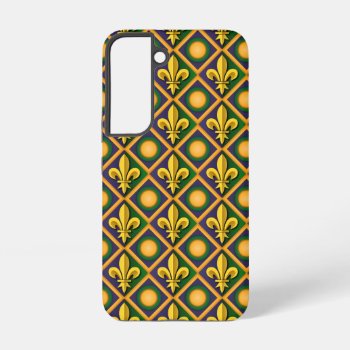 Mardi Grass Pattern With Golden Fleur-de-lis Samsung Galaxy S22 Case by maxiharmony at Zazzle