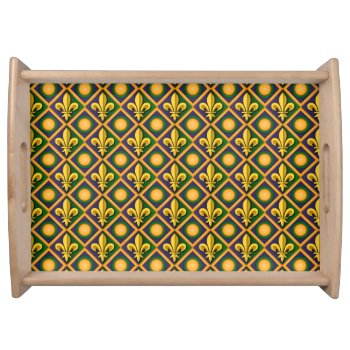 Mardi Grass Pattern With Golden Fleur-de-lis Serving Tray by maxiharmony at Zazzle