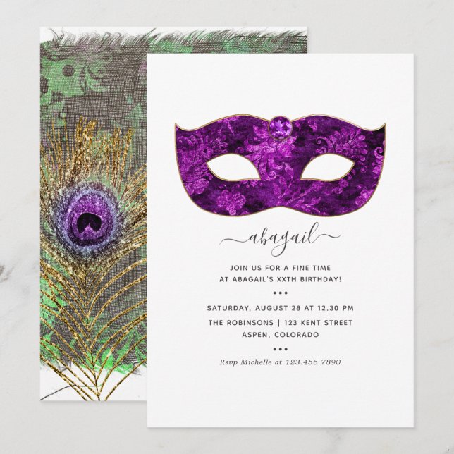 Mardi GrasTropical Purple Gemstone Birthday Party Invitation (Front/Back)