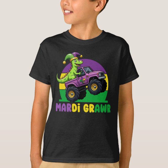 Mardi Grawr Monster Truck Dinosaur Mardi Gras  T-Shirt (Front)
