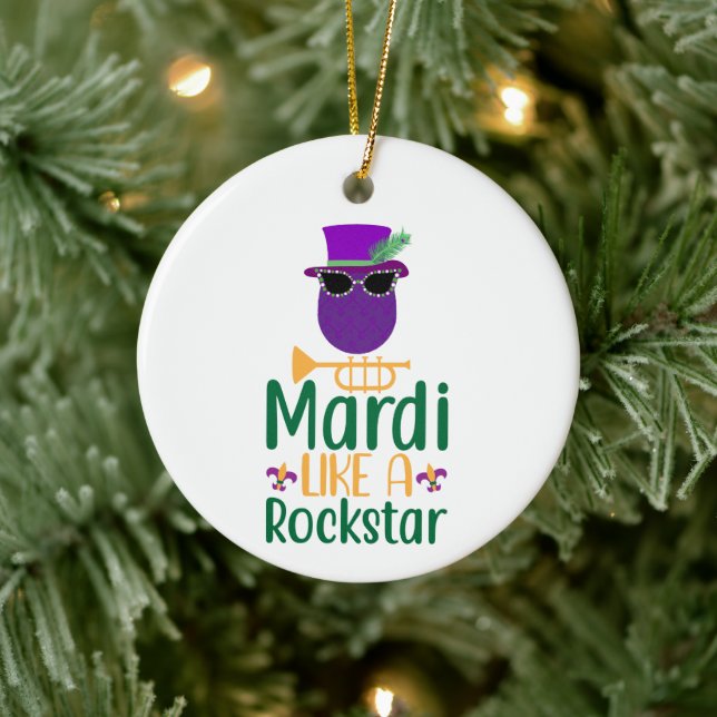 Mardi Like A Rockstar Typography Personalized Ceramic Ornament (Tree)