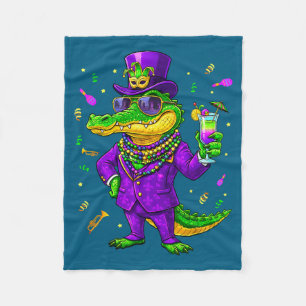 Mardigator Funny Mardi Gras Alligator Illustration Fleece Blanket