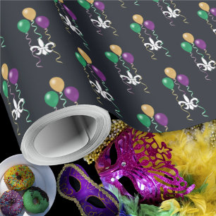 MardiGras OffWhite FleurDeLis Balloons on Graphite Wrapping Paper