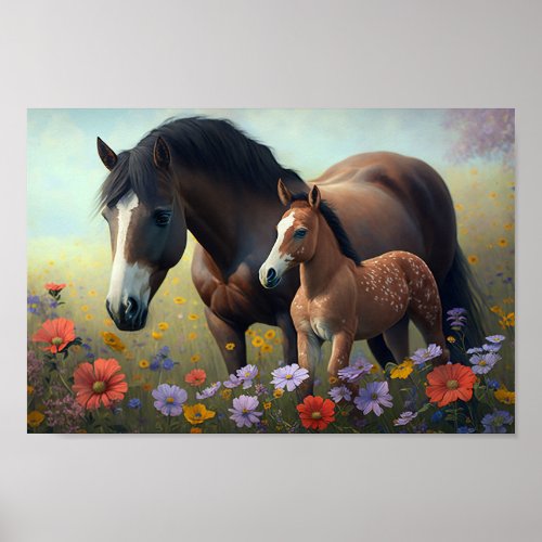 Mare and Foal in a Field of Flowers Poster