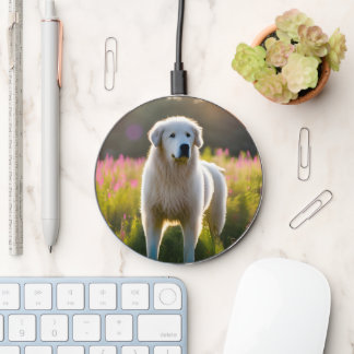 Maremma Sheep Dog field of pink flowers Wireless Charger