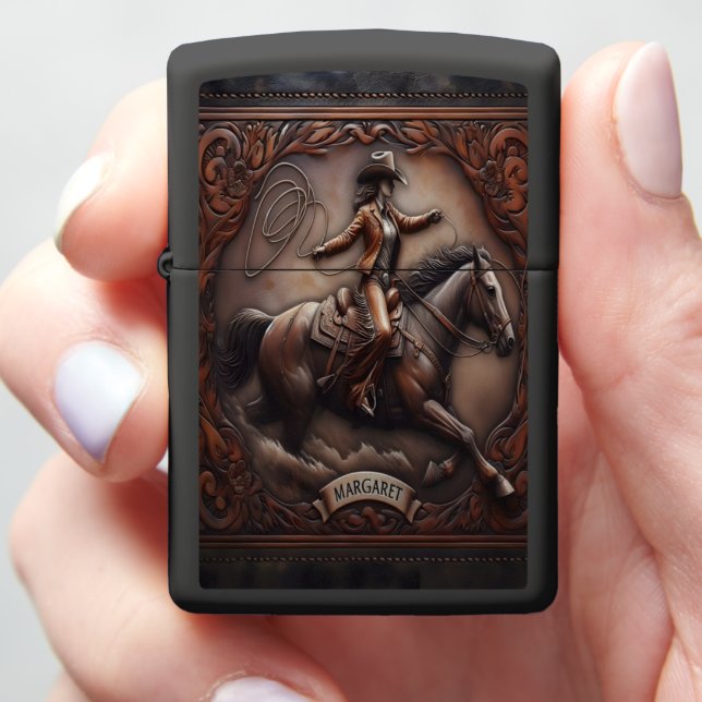Margaret Cowgirl Riding Horse Carving Zippo Lighter (In Hand)