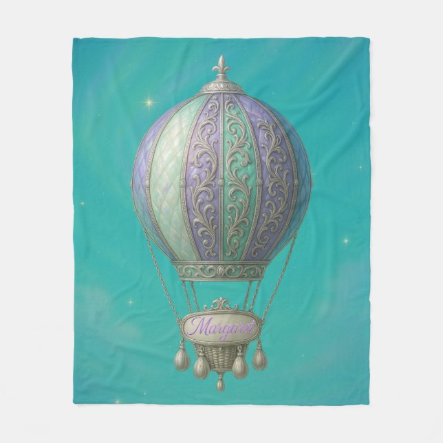 Margaret Personalized Teal Starry Hot Air Balloon  Fleece Blanket (Front)