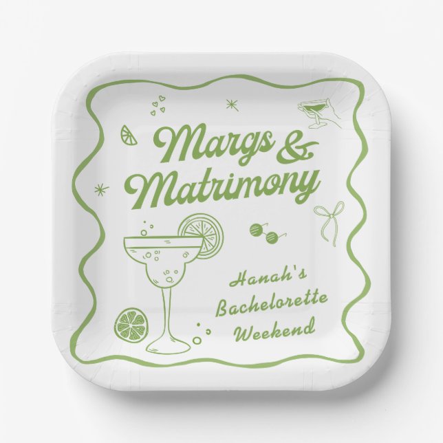 Margarita and Matrimony Bachelorette Paper Plates (Front)