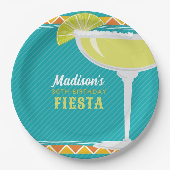 Margarita Fiesta Birthday Party Turquoise Orange Paper Plates (Front)