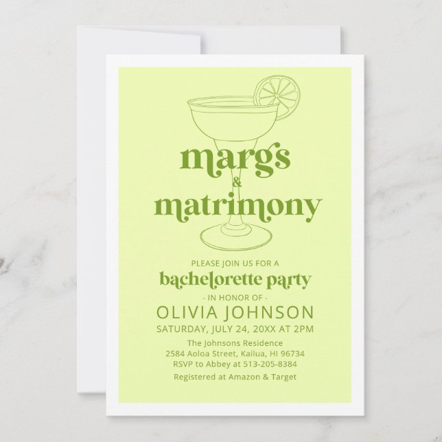 Margarita Margs & Matrimony Cocktail Bachelorette Invitation (Front)