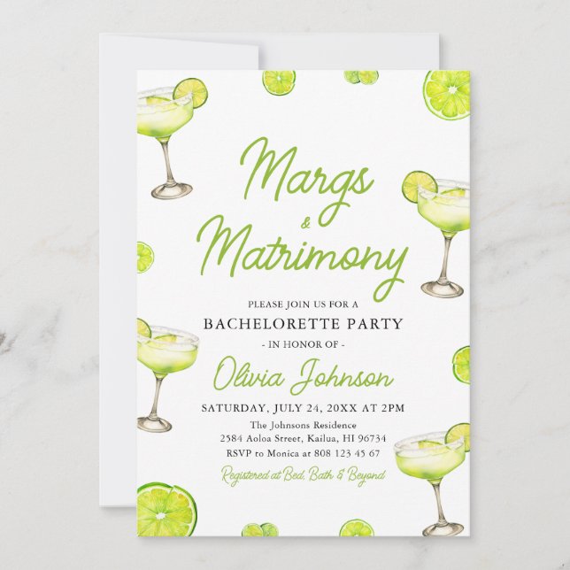 Margarita Margs & Matrimony Cocktail Bachelorette Invitation (Front)