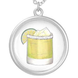 Margarita Summer Cocktail Mixed Drink Lime Green Silver Plated Necklace