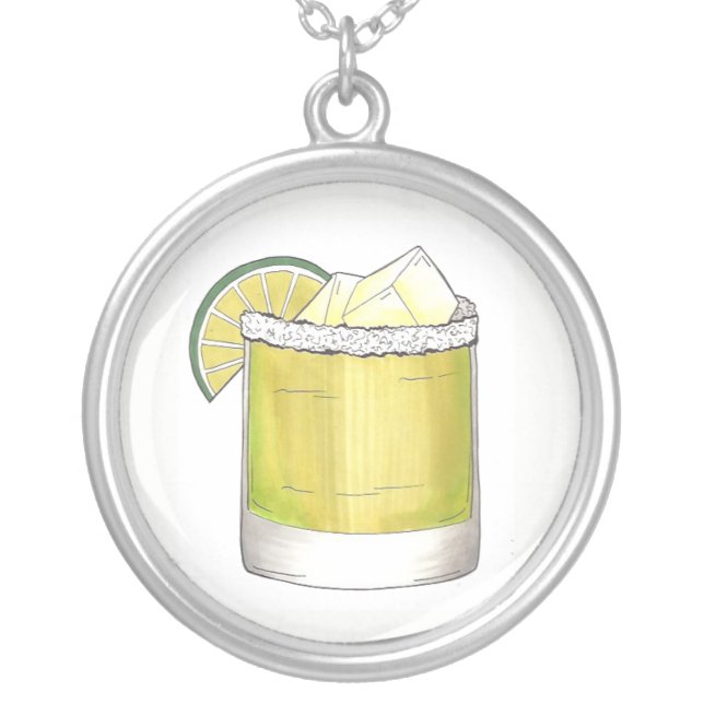 Margarita Summer Cocktail Mixed Drink Lime Green Silver Plated Necklace (Front)