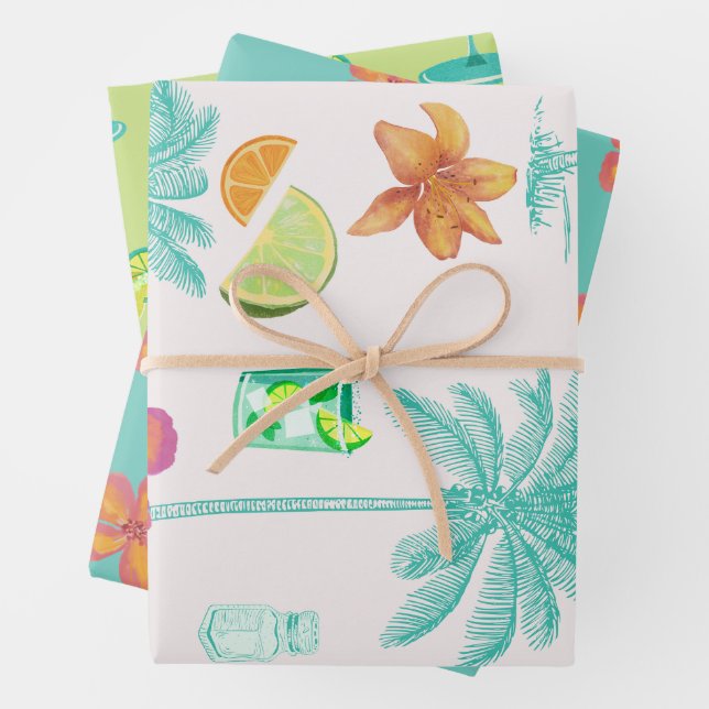 Margarita Veil Bachelorette Party Illustrated Wrapping Paper Sheets (In situ)