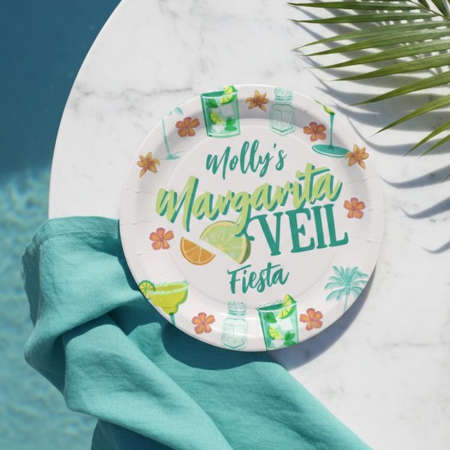 Margarita Veil Tropical Bachelorette Paper Plates (Margarita Veil Bachelorette Party Illustrated Paper Plates)