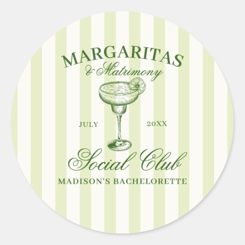 Margaritas and Matrimony Green Striped Classic Round Sticker