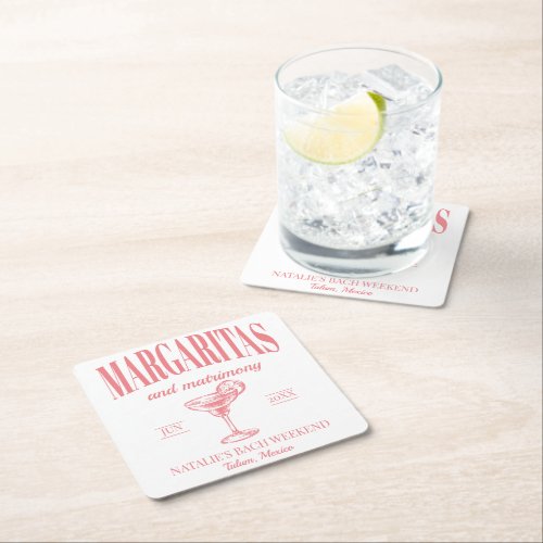 Margaritas And Matrimony Personalized Bachelorette Square Paper Coaster