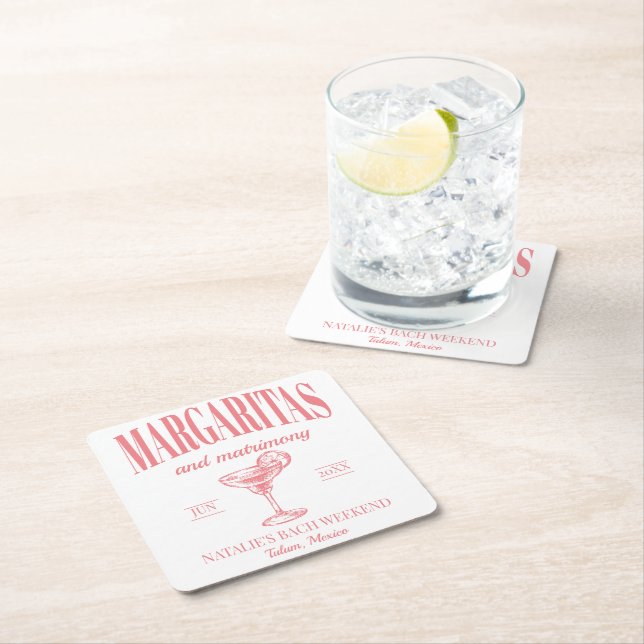 Margaritas And Matrimony Personalized Bachelorette Square Paper Coaster (Insitu)