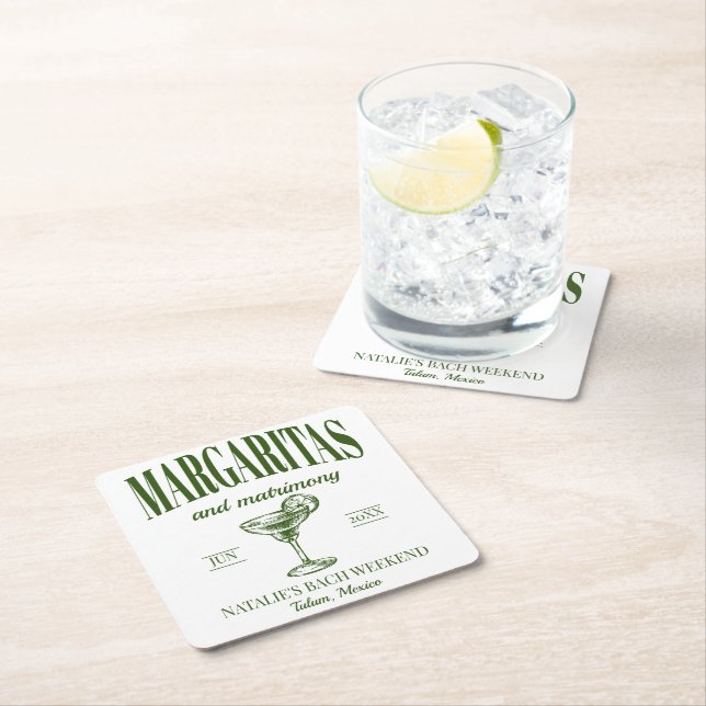 Margaritas And Matrimony Personalized Bachelorette Square Paper Coaster (Insitu)