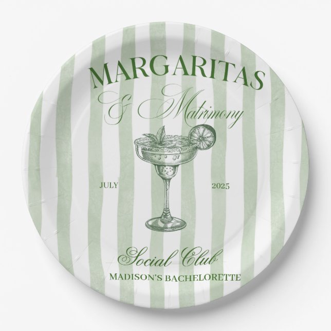 Margaritas and Matrimony Striped Bachelorette Paper Plates (Front)