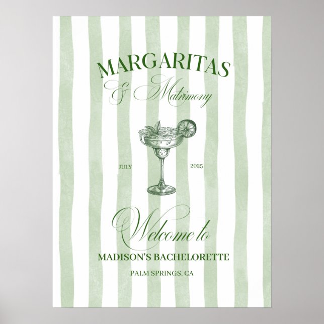 Margaritas and Matrimony Striped Bachelorette Poster (Front)