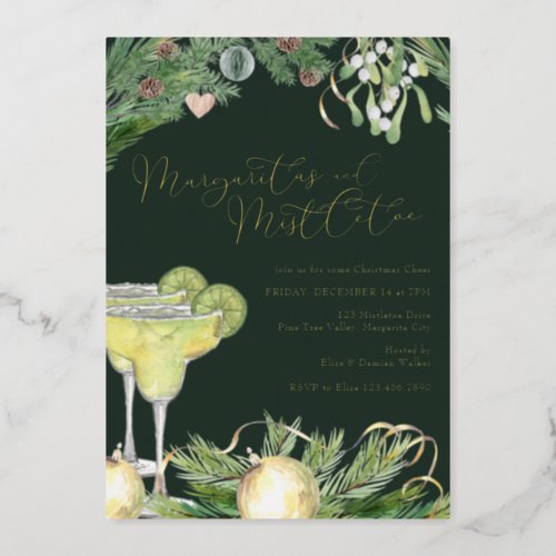 Margaritas and Mistletoe Cocktail Party Gold Foil Invitation