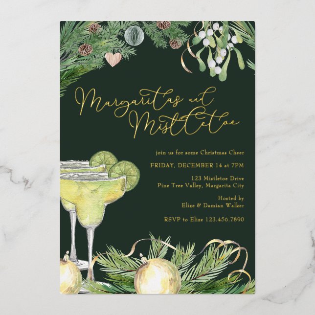Margaritas and Mistletoe Cocktail Party Gold Foil Invitation (Front)