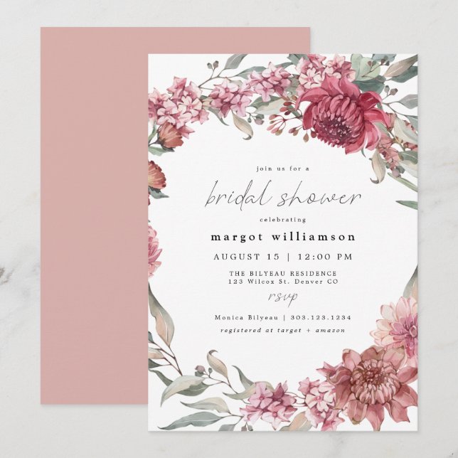MARGOT Romantic Dusty Rose Blush Bridal Shower Invitation (Front/Back)