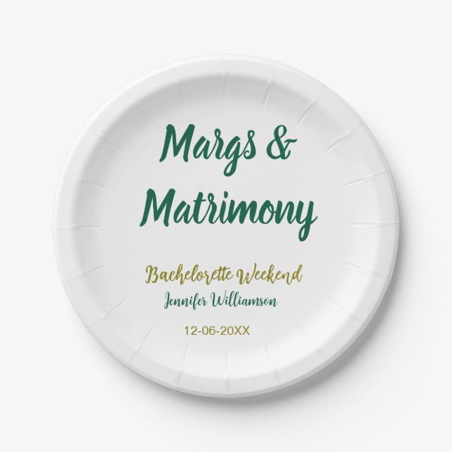 Margs and matrimony add name date bachelorette par paper plates (Front)