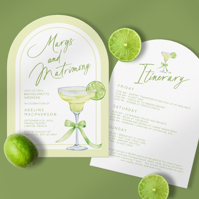 Margs And Matrimony Bachelorette Weekend Invitation (Front & Back | Shown on a 5" x 7" invitation with an Arch Corner Style.)