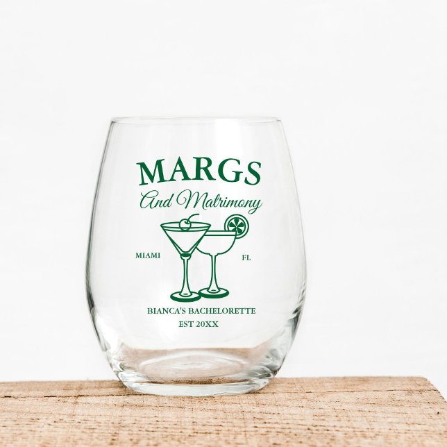 Margs and Matrimony  Beach Bachelorette party  Stemless Wine Glass (Creator Uploaded)