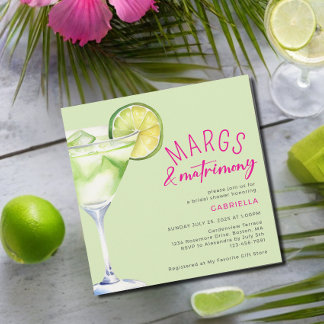 Margs and Matrimony Lime Green Pink Bridal Shower  Invitation