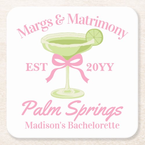 Margs and Matrimony Margaritas Bachelorette Party Square Paper Coaster
