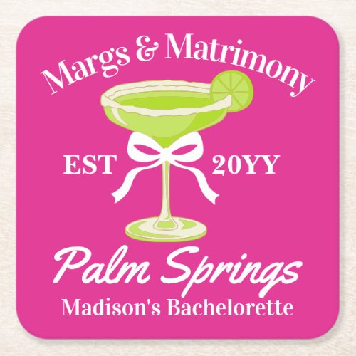 Margs and Matrimony Margaritas Bachelorette Party Square Paper Coaster